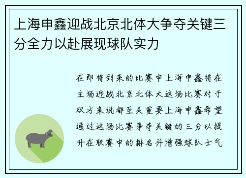 上海申鑫迎战北京北体大争夺关键三分全力以赴展现球队实力